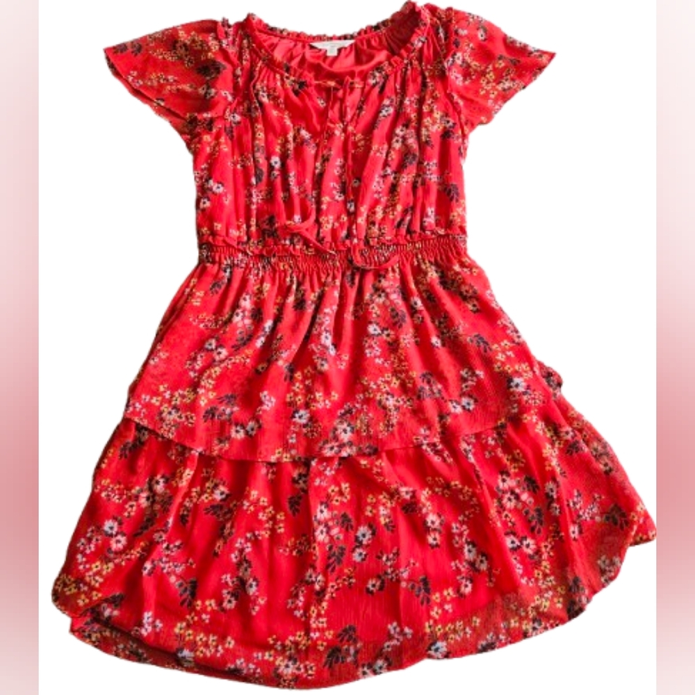 LC Lauren Conrad Floral Flutter Sleeves Tiered Mini Dress, Small, Red - Picture 2 of 10